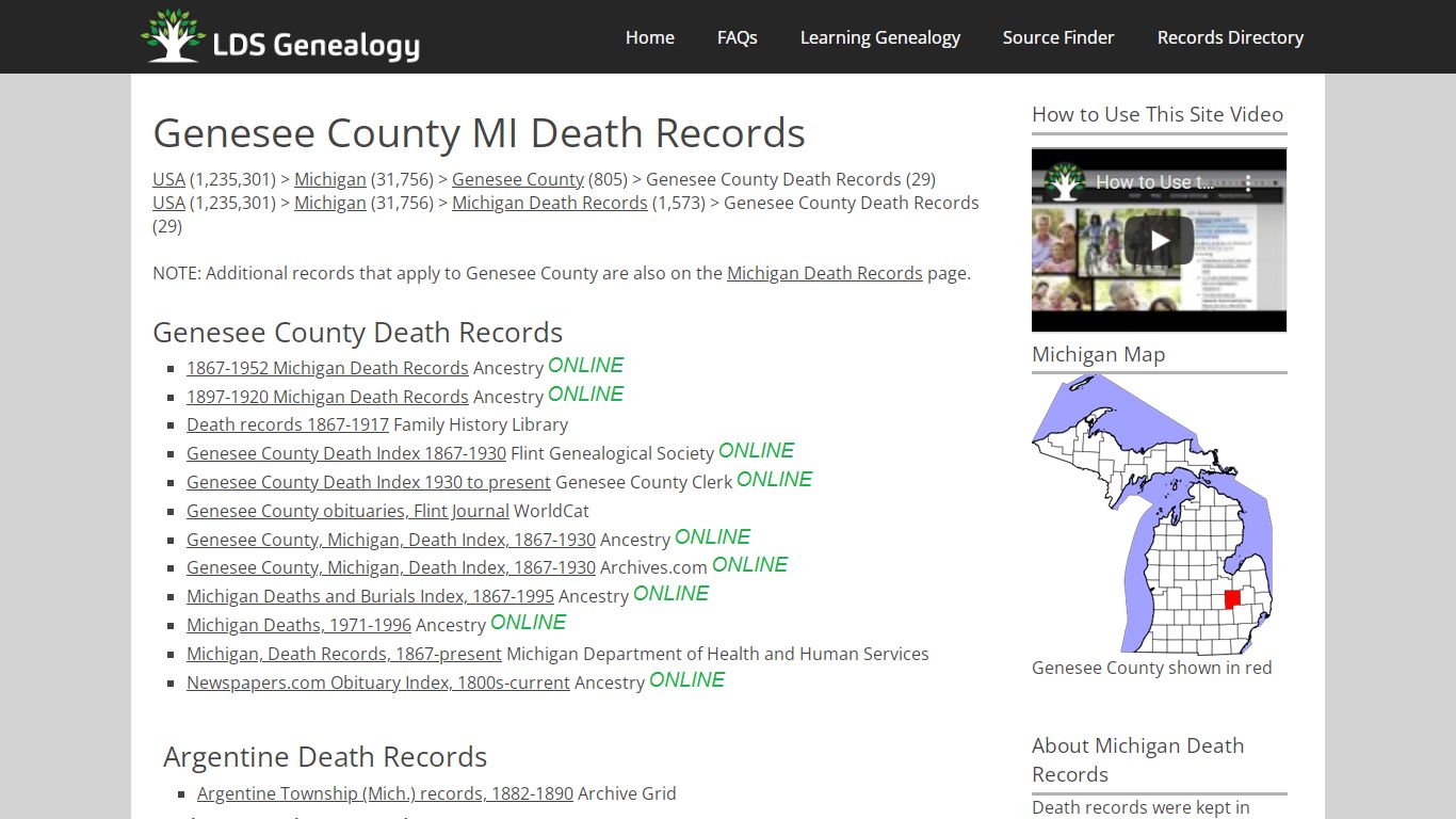 Genesee County MI Death Records - LDS Genealogy