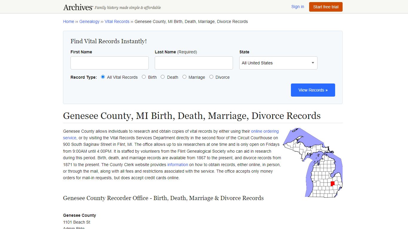 Genesee County, MI Birth, Death, Marriage, Divorce Records